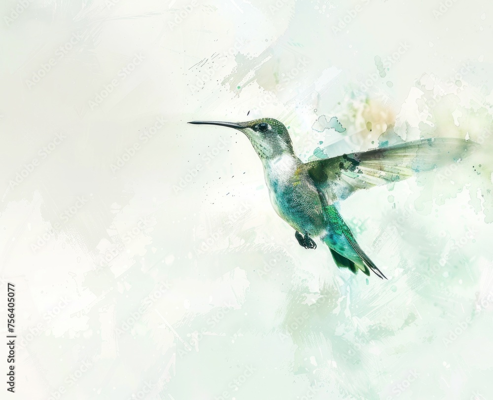 Fototapeta premium Ethereal Hummingbird in Flight - Watercolor Wingspan Generative AI
