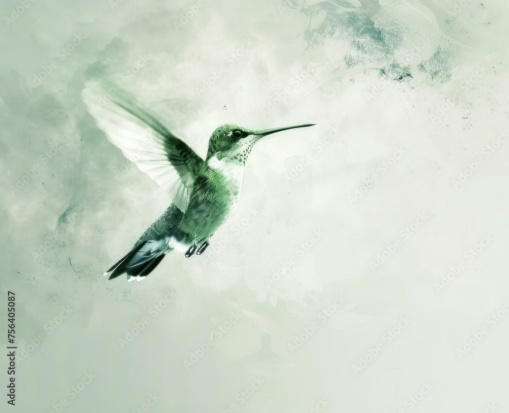 Obraz premium Ethereal Hummingbird in Flight - Watercolor Wingspan Generative AI