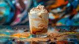 Delicious Caramel Frappe Coffee in Glass with Whipped Cream on Artistic Background