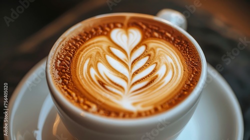 Artistic Top View of a Latte with Heart Design in a White Cup on Rustic Table