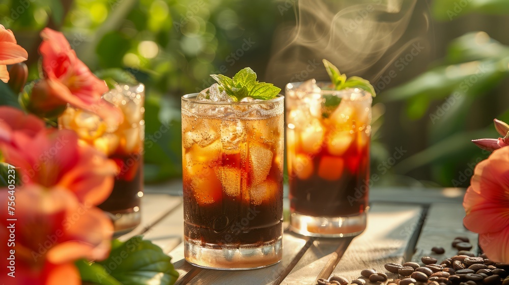 Refreshing Iced Coffee Drinks with Mint Garnish Served Outdoors Surrounded by Vibrant Tropical Flowers Refreshing Iced Coffee Drinks with Mint Garnish Served Outdoors Surrounded by Vibrant Tropical Flowers