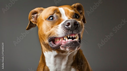 Fierce Brown American Staffordshire Terrier Baring Teeth in Warning - Generative AI photo