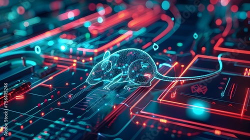 Abstract futuristic digital illustration with glowing circuit paths and mouse, representing advanced technology, artificial intelligence, or computer science.
