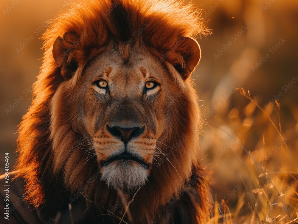 Close-up of a lion's face bathed in warm sunset light, exuding calm strength.