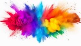 Rainbow colored powder bursts on a white backdrop, holi festival celebrations
