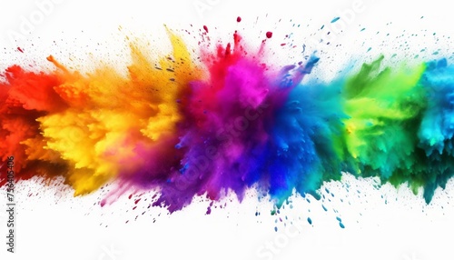 Colorful rainbow holi paint powder explosion isolated on white background wide panorama, holi festival celebrations