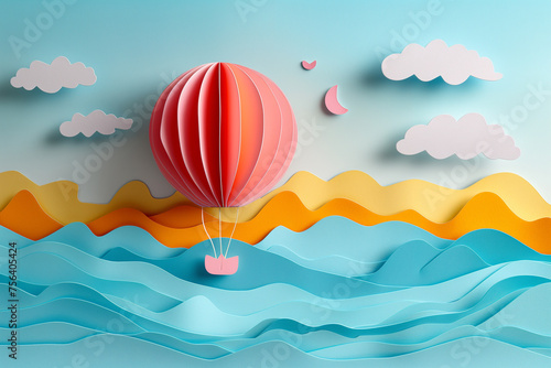 a pink balloon flies above the sea waves. cardboard effect, 