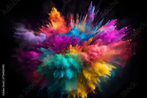 Colorful powder explosion abstract closeup dust background, holi festival celebrations