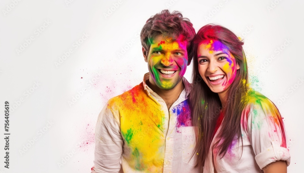 Fototapeta premium Young couple holding hands smiling in colorful powder celebrating holi festival on white background, holi festival celebrations