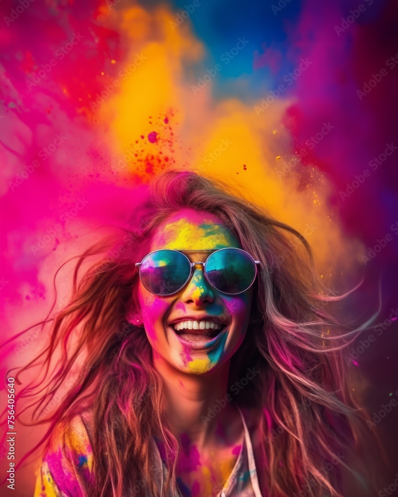 A smiling girl with long hair wears sunglasses covered in colorful holi powder, holi festival celebrations