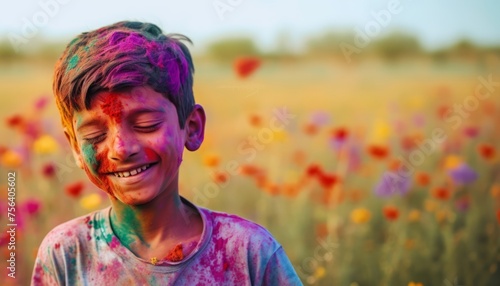A young boy smiling with eyes closed covered in colorful powder radiating joy and happiness  holi festival celebrations