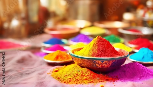 Vibrant holi festival powder in bowl on table with blurred background, holi festival celebrations
