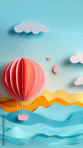 a pink balloon flies above the sea waves. cardboard effect, Phone wallpaper. 