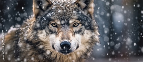 close up wolf with snowfall background