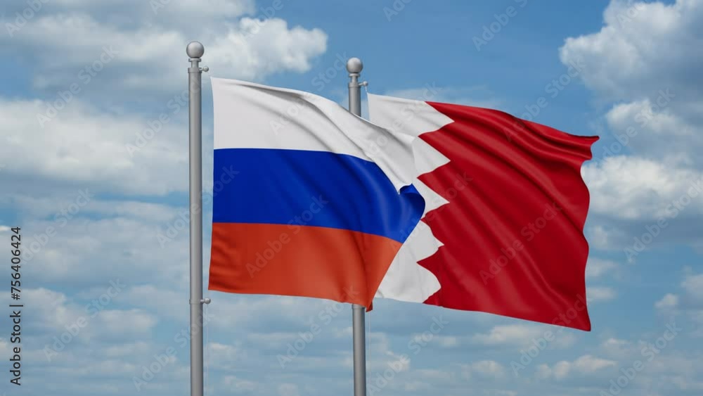 Bahrain and Russia two flags waving together, looped video, two country relations concept Bahrain and Russia two flags waving together, looped video, two country relations concept