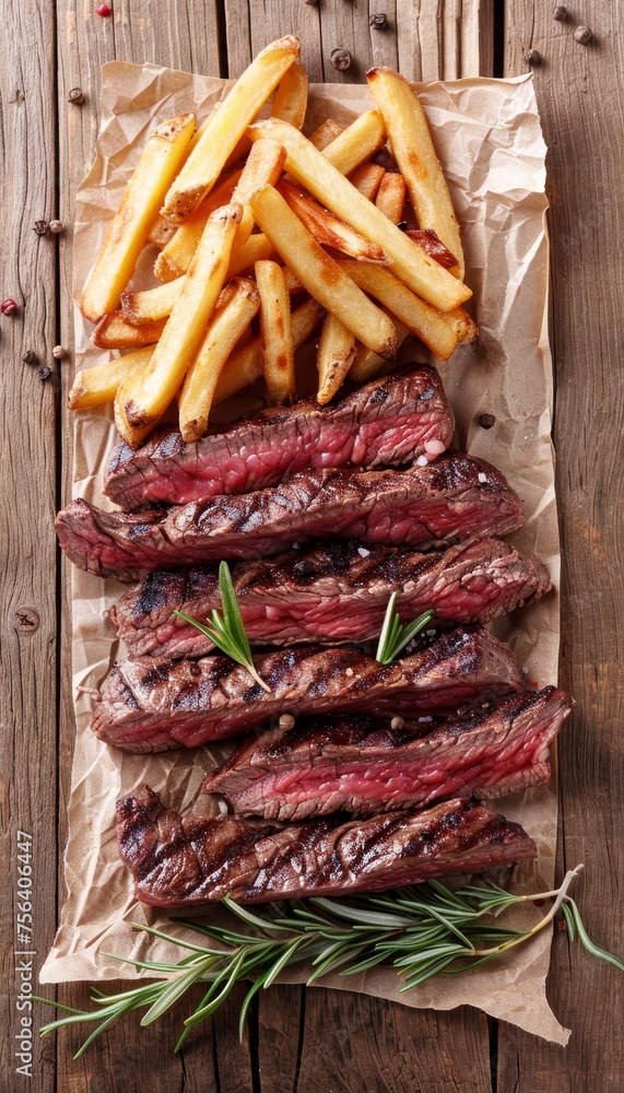 Top view of classic steak and fries on wooden table with space for text above, ideal for food blogs