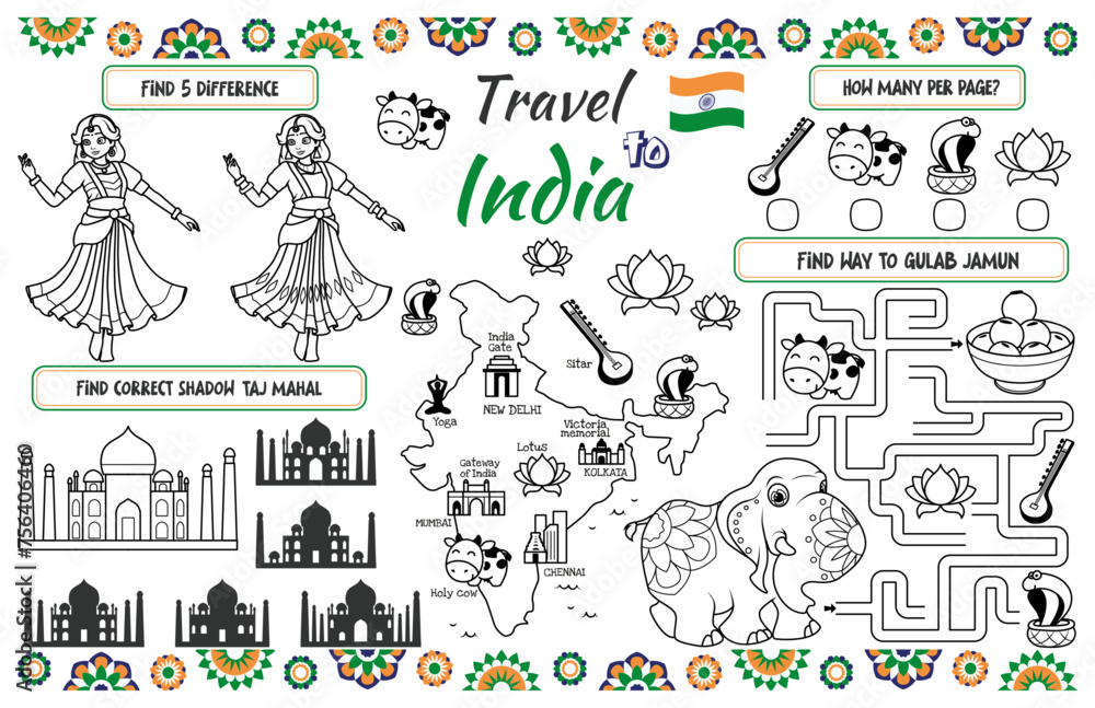 A fun placemat for kids. Printable the “Travel to India” activity sheet with a labyrinth, find the differences and find the same ones. 17x11 inch printable vector file