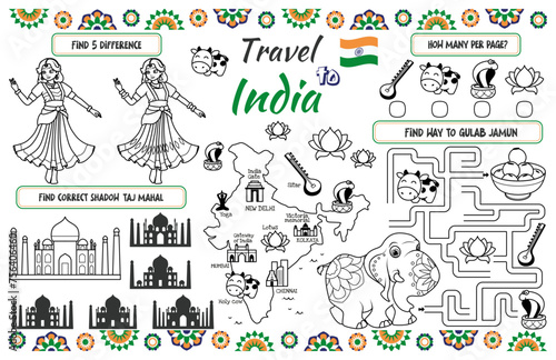 A fun placemat for kids. Printable the    Travel to India    activity sheet with a labyrinth  find the differences and find the same ones. 17x11 inch printable vector file