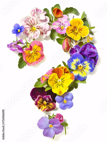 Typeface made out of colored spring flowers isolated on a white background the letter question mark