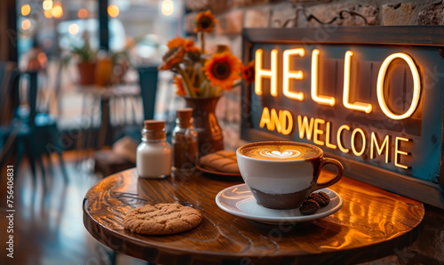 Welcoming cafe scene with HELLO AND WELCOME lightbox message, fresh espresso, cookies, and decorative vases on a wooden table photo