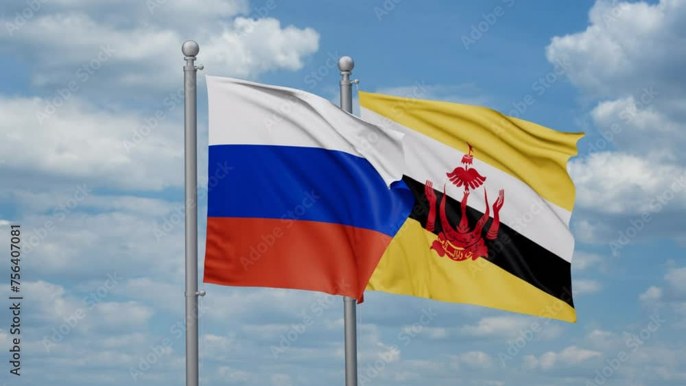 Russia and Brunei two flags waving together, looped video Russia and Brunei two flags waving together, looped video