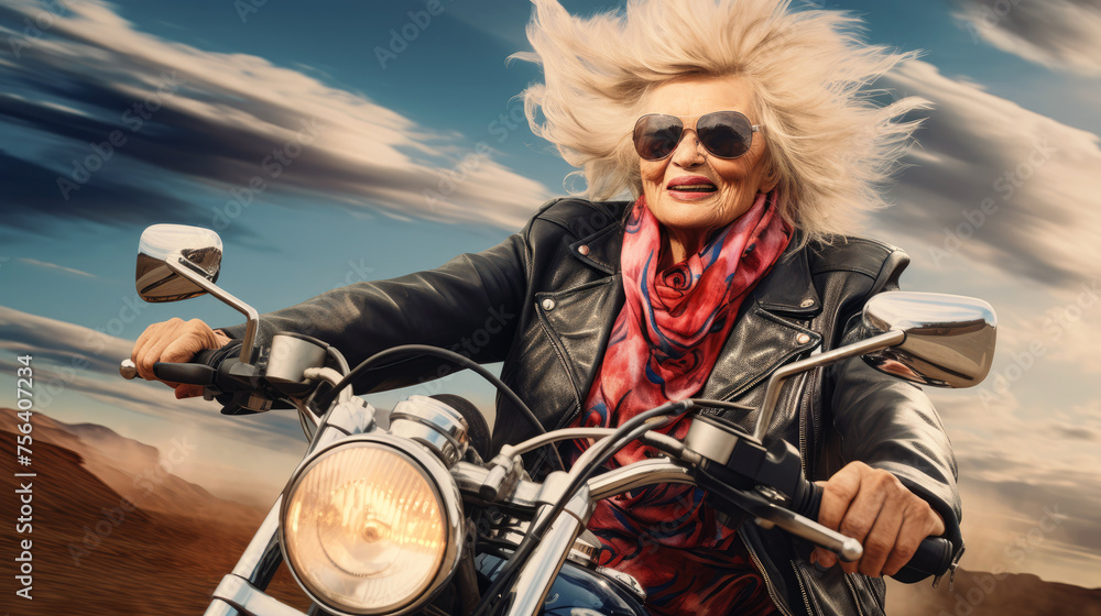 Old lady is riding a motorcycle down the road