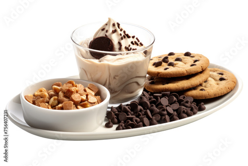 Yogurt bar with chocolate chips, cookies and peanut butter topped with chocolate sauce. Isolated on a transparent background.