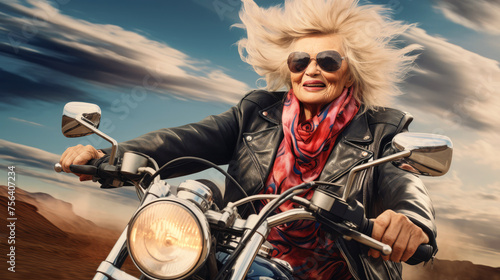 Old lady is riding a motorcycle down the road © misu
