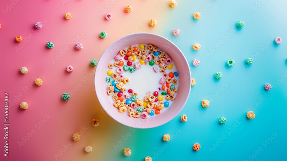 Bol de cereales azucarados de colores con leche sobre divertido fondo multicolor con patrón decorativo formado por cereales - obrazy, fototapety, plakaty 