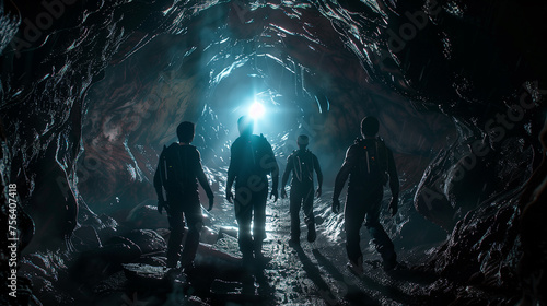 Four Men Walking Through Dark Cave in Hyper-Realistic Sci-Fi Style with dark view