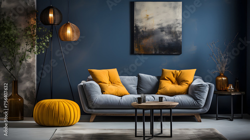 A huge living room's accent lounge. blue and yellow hues. Dark blue wall that is empty and a bright yellow sofa with mustard undertones. a mockup of a contemporary interior. modern interior design 