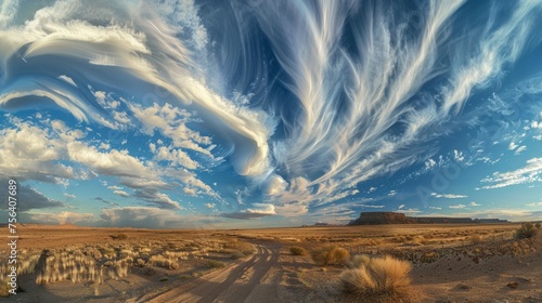 A captivating aerial view of an expansive dirt field, with the sky above alive with swirling clouds. The natural ballet of clouds forms an entrancing display.
