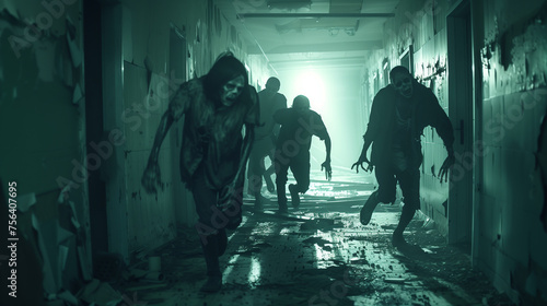 Zombies Running in Dark Hallway and Abandoned Basement in a Post Apocalyptic with dark view © Ummeya