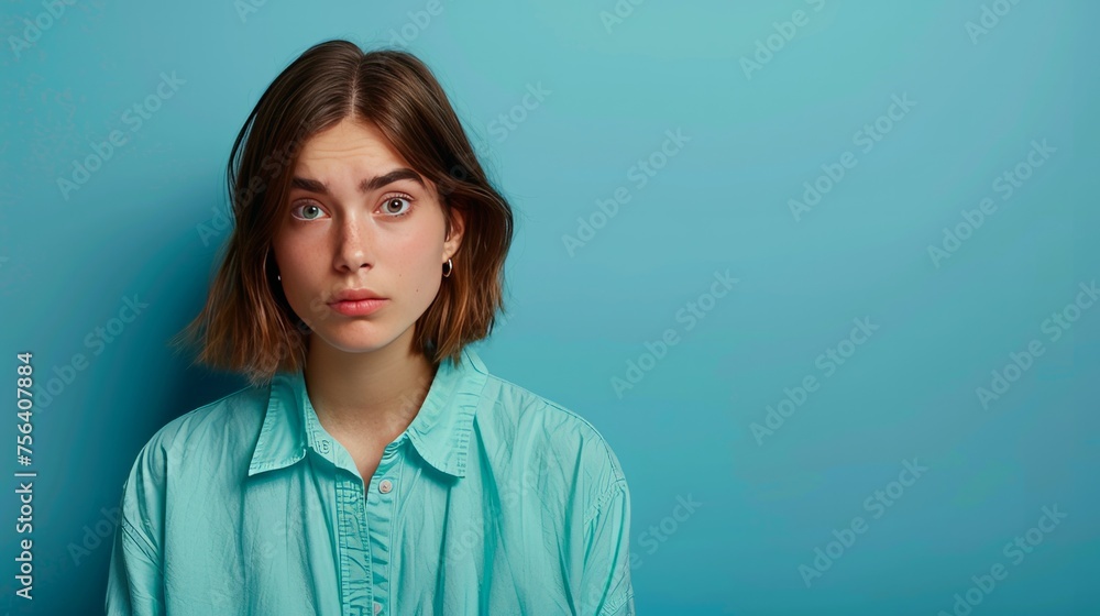 Fototapeta premium Pensive woman in turquoise shirt looks at blank space on blue background.