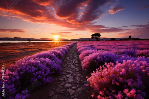Beautiful lavender field with long purple rows, Generative AI.