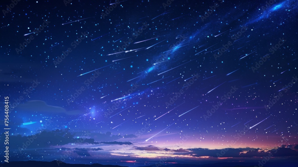 Shooting stars and comets streak across the night sky, leaving dazzling light trails in a realistic 3D scene.