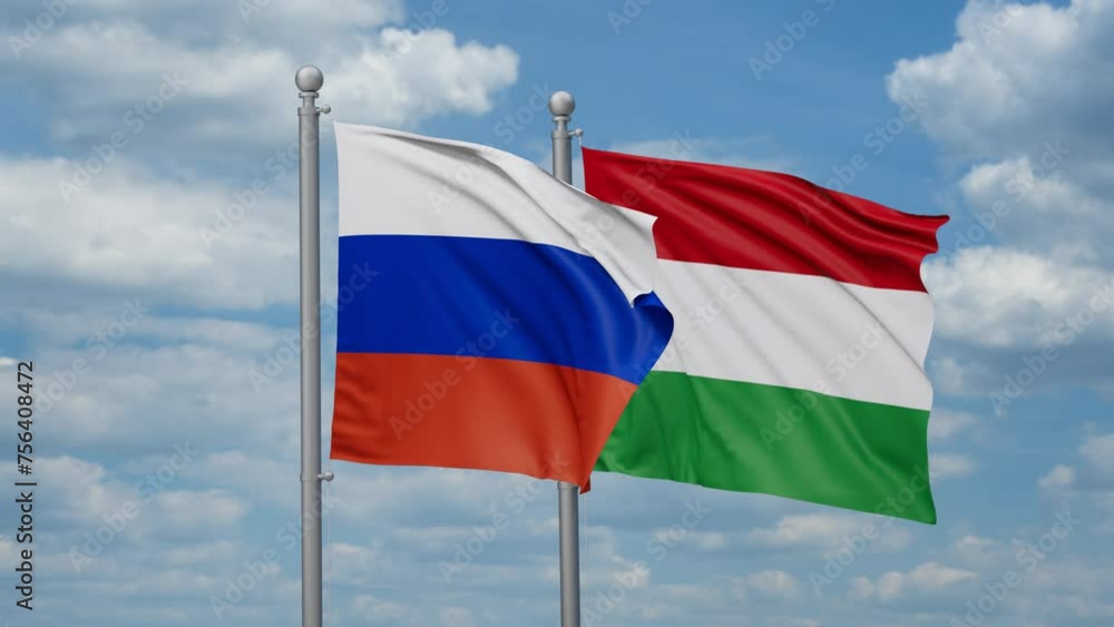 Hungary and Russia two flags waving together, looped video, two country relations concept Hungary and Russia two flags waving together, looped video, two country relations concept