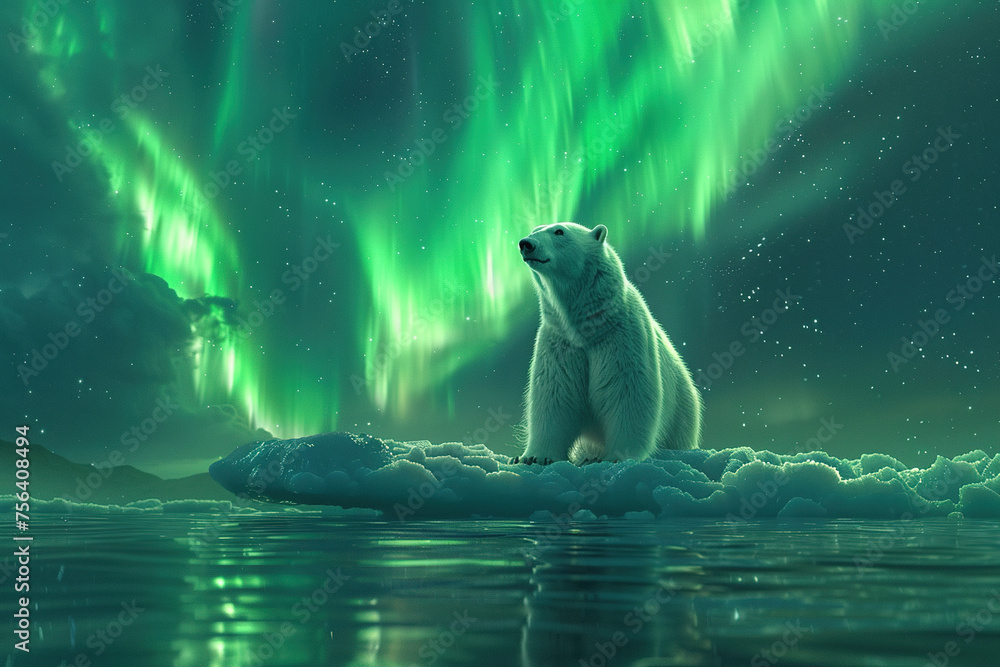 Fototapeta premium A polar bear on the ice at night with northern lights. Concept: The beauty of nature we must preserve from climate change.