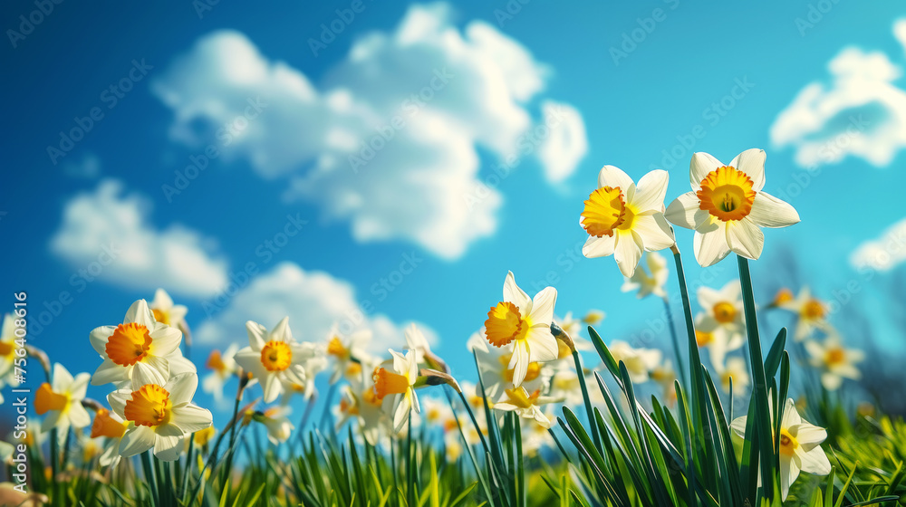 Fototapeta premium Close-up of yellow daffodil flowers blooming in spring. Bokeh sunny background. Spring landscape concept. Generative AI