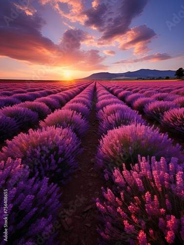 Beautiful lavender field with long purple rows  Generative AI.
