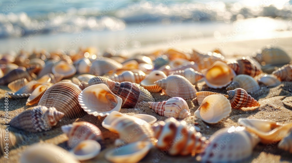 A beach scene with a large number of shells scattered across the sand A beach scene with a large number of shells scattered across the sand