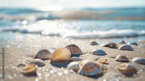 A beach scene with a large number of shells scattered across the sand