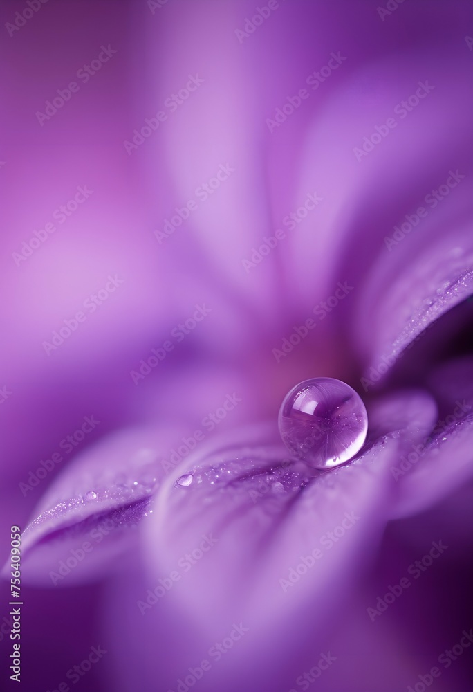 Picture, close-up of a round drop of water, on the petal of a lilac flower
