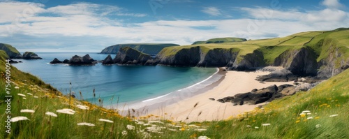 A beautiful beach with a rocky cliff in the background