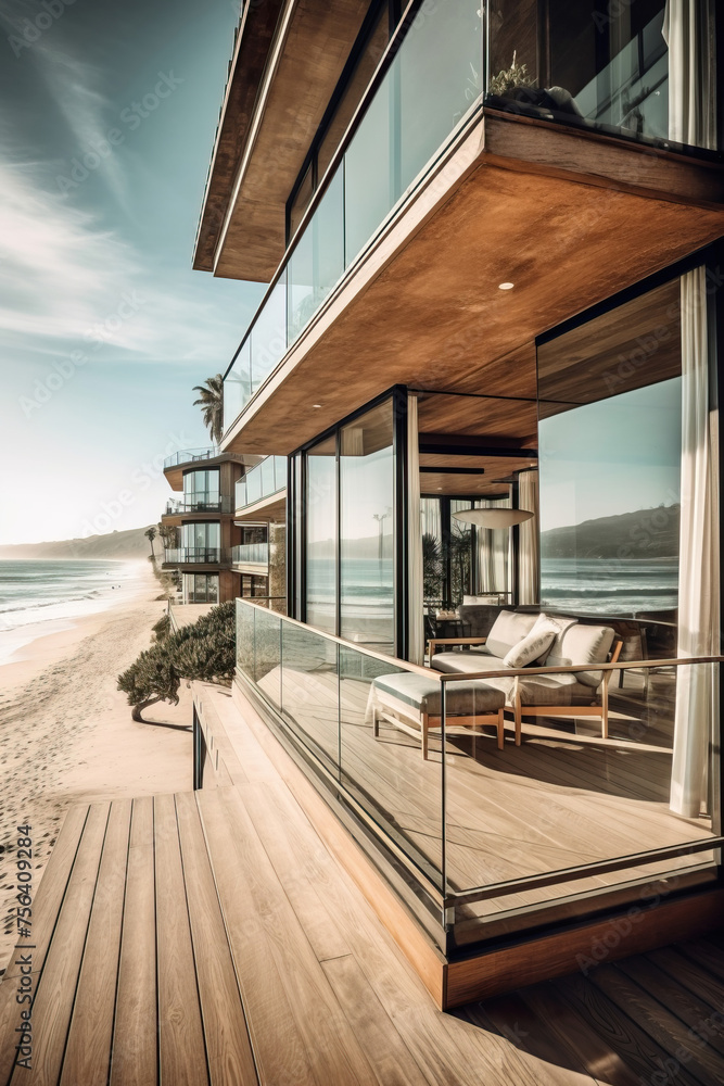 Modern wooden architecture meets nature’s beauty on a sandy beach, under the enchanting evening sun.
Modern wooden architecture meets nature’s beauty on a sandy beach, under the enchanting evening sun.