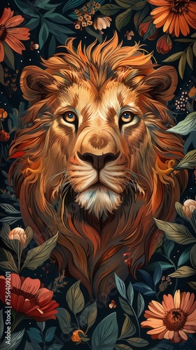 Stunning illustration of a lion face emerging from a dark enchanting jungle filled with detailed floral elements. © ChomchoeiFoto