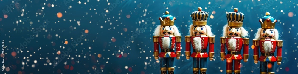 A trio of nutcracker figurines stand proudly against a royal blue backdrop, adding a touch of whimsy to the holiday decor, with space for your message.