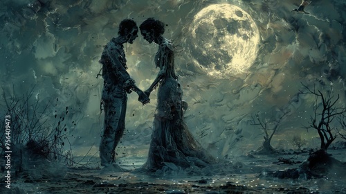 A surreal portrait of a couple zombies sharing a close and intimate moment in a twilight forest setting.