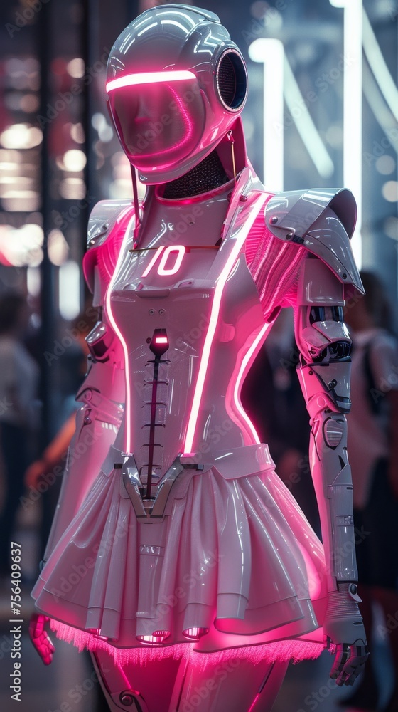 A futuristic fashion forward robot with striking neon lighting poses with a stylish attitude in an urban setting.