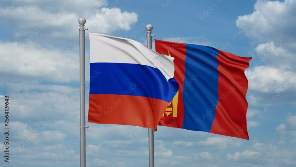 Mongolia and Russia two flags waving together, looped video, two country cooperation concept Mongolia and Russia two flags waving together, looped video, two country cooperation concept